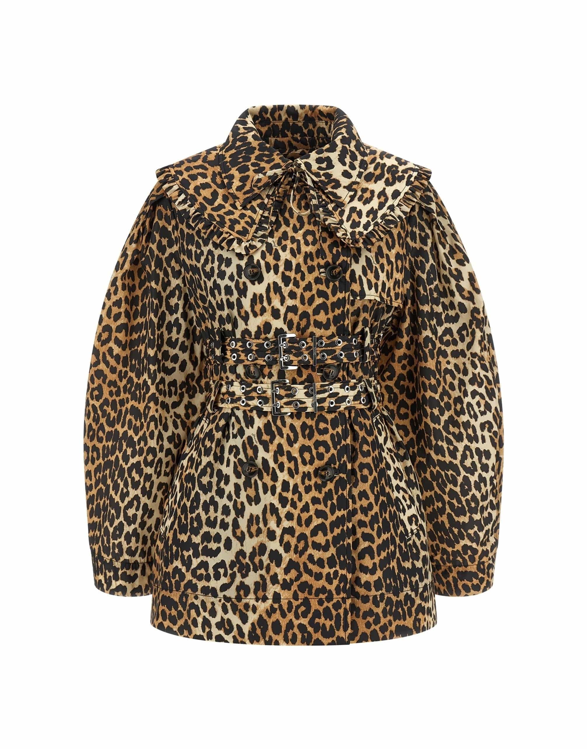 Ganni Ganni Leopard Duchesse Nylon Short Trench Coat