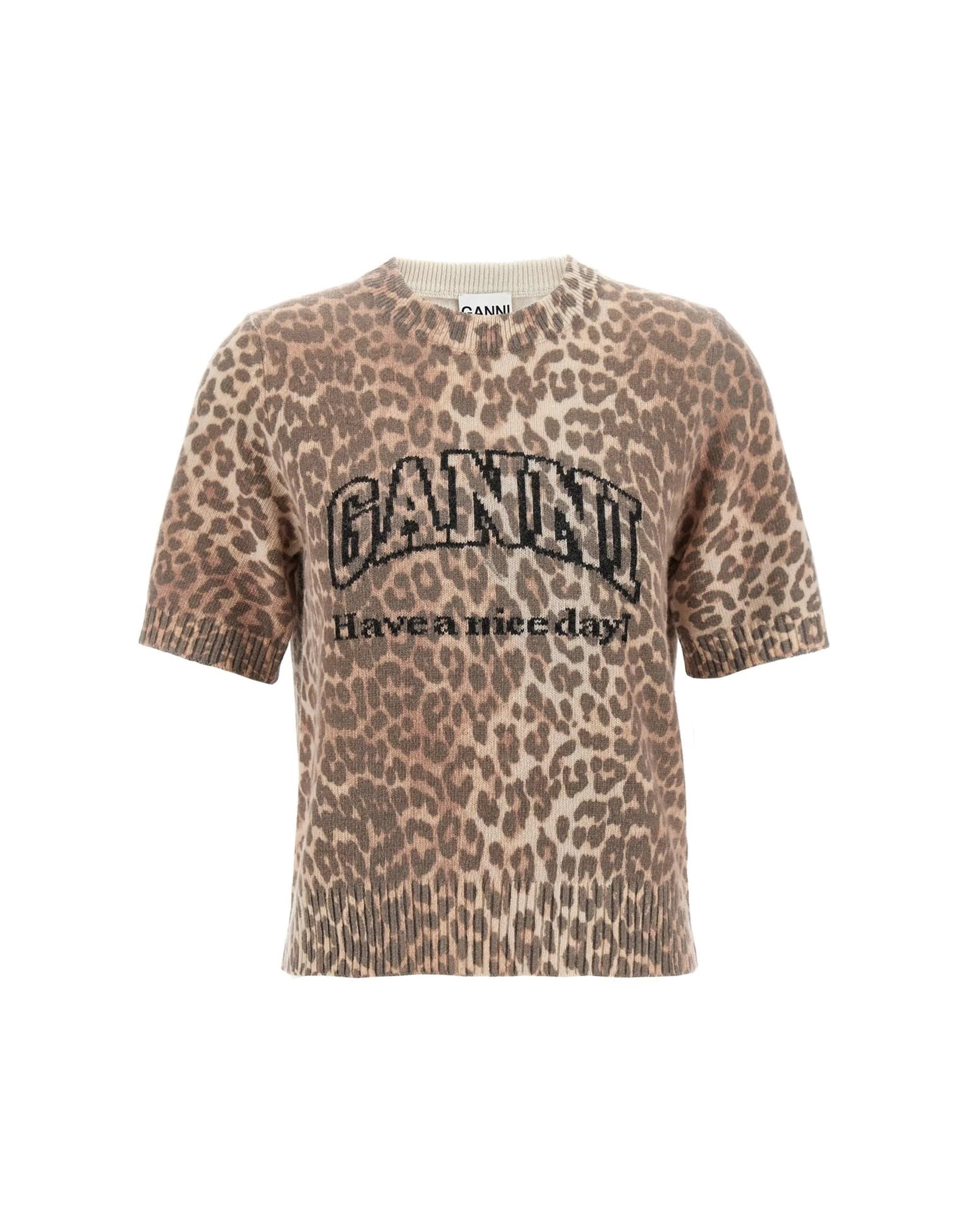 Ganni Ganni Leopard Wool Mix T-Shirt
