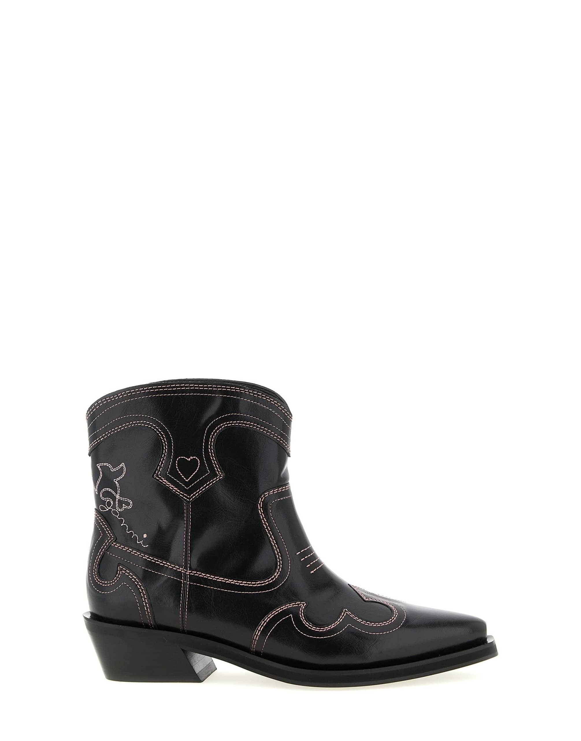 Ganni Ganni Low Shaft Embroidered Western Ankle Boots