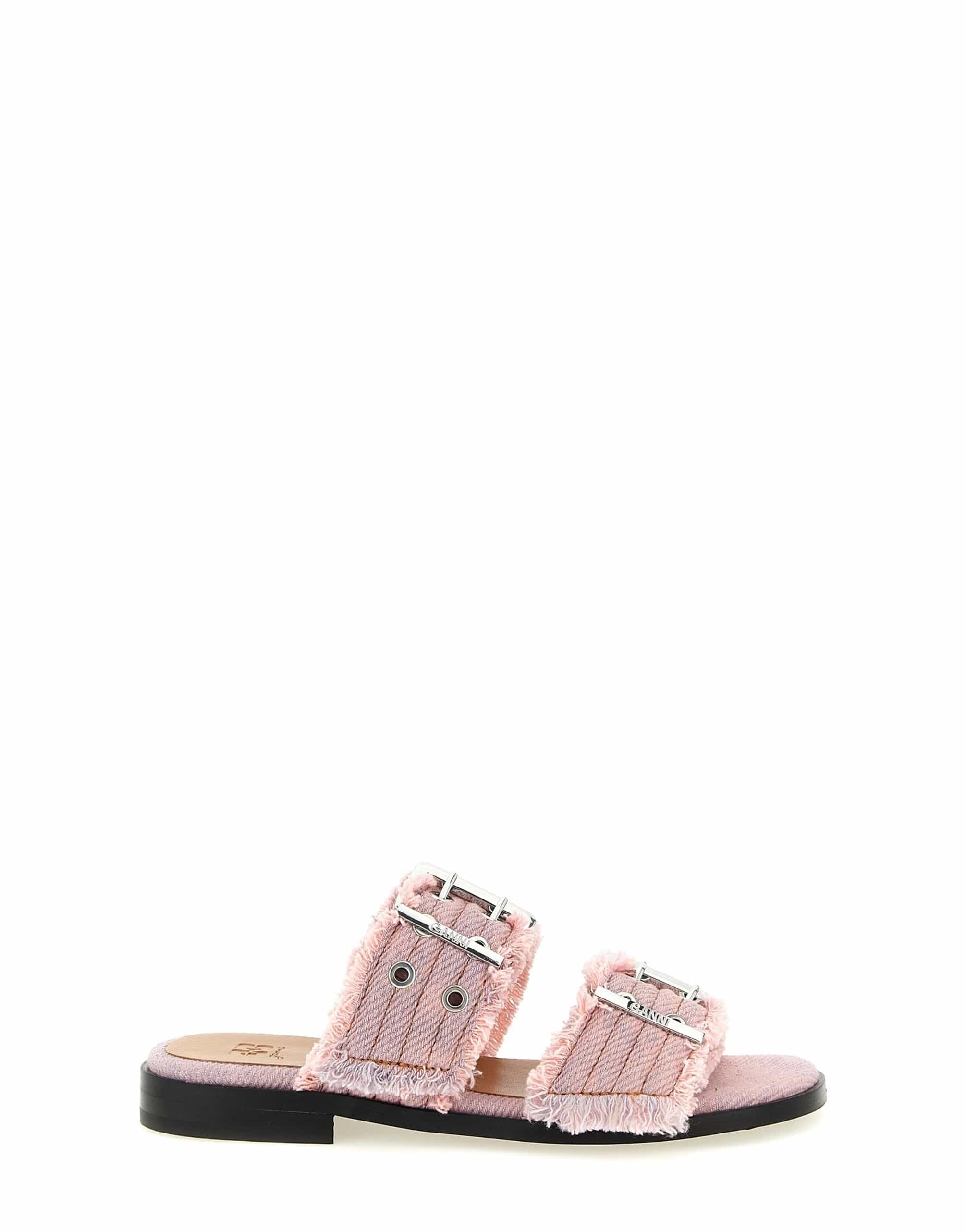 Ganni Ganni Pink Buckle Fringed Denim Sandals