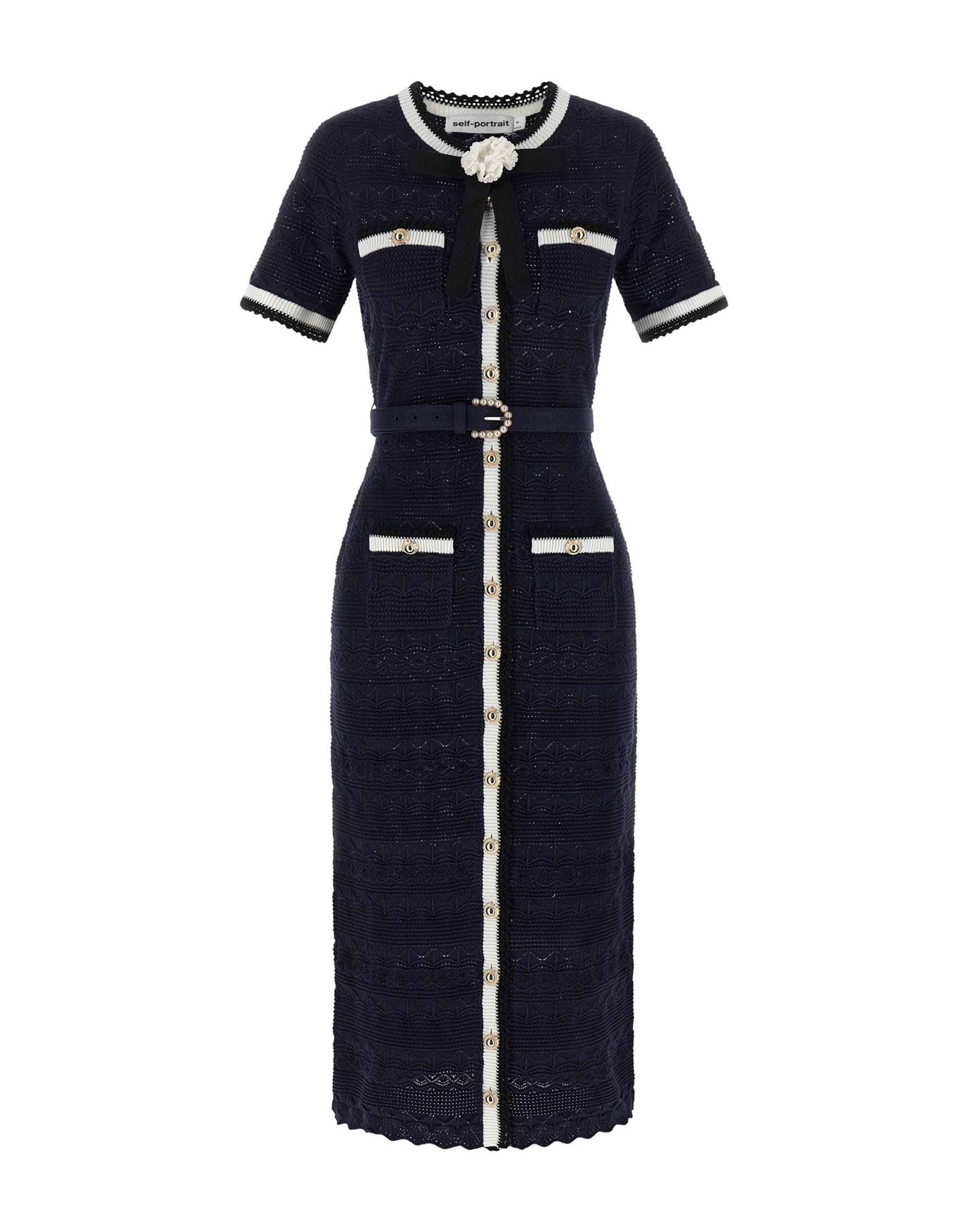 Self-Portrait Navy Pointelle-Strick-Midikleid