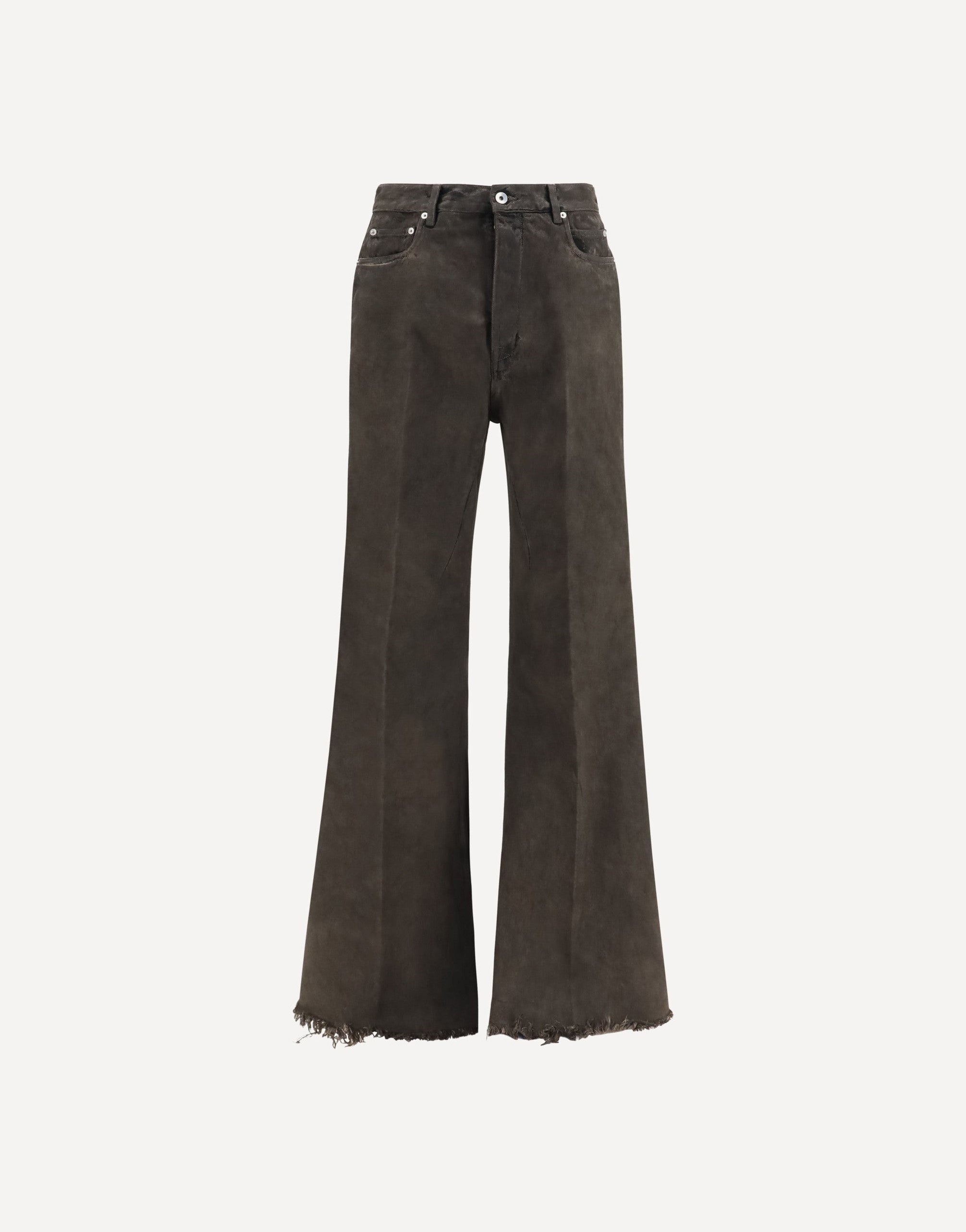 Rick Owens Flared Frayed Hem Cotton Jeans