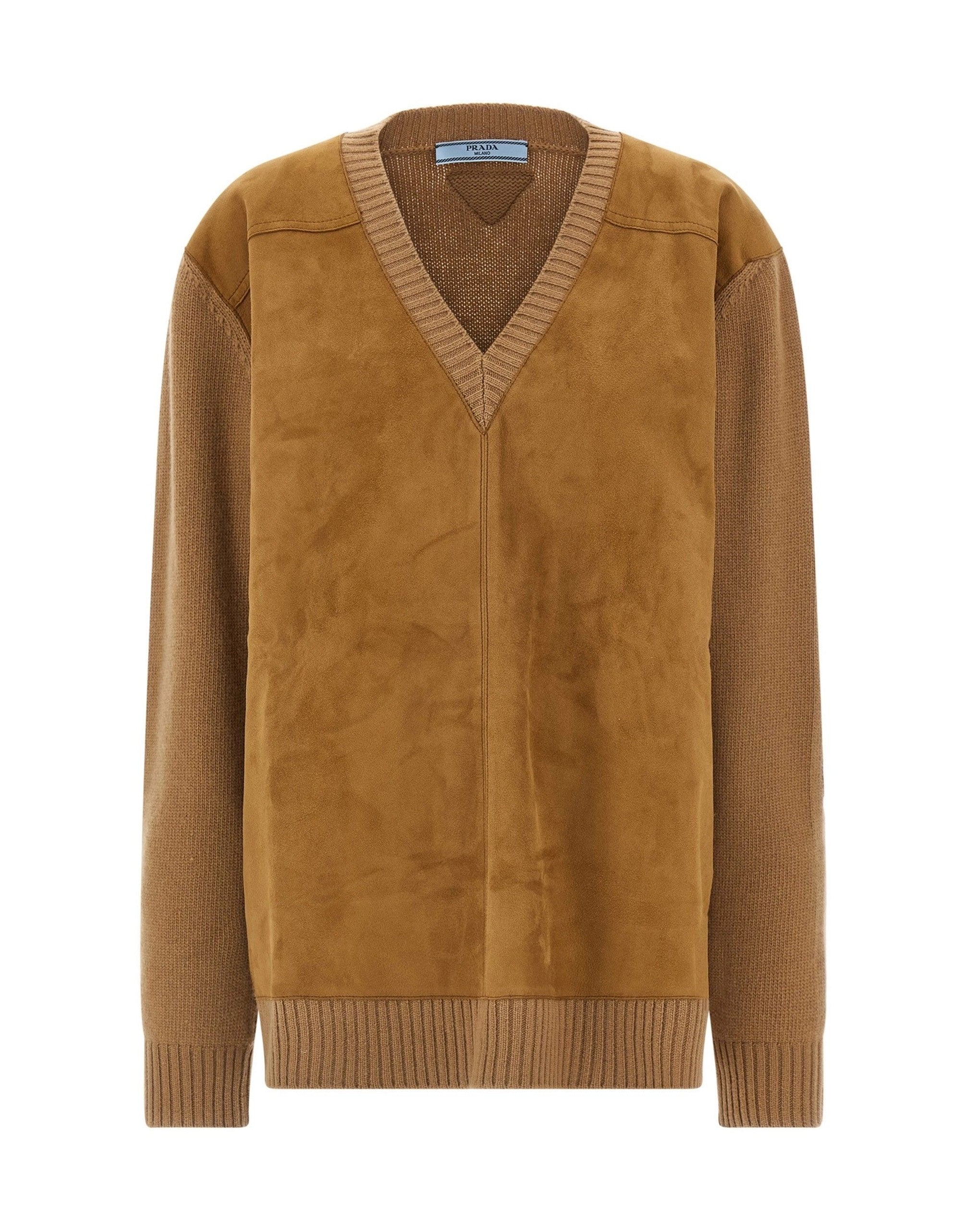 Prada Suede-Detail V-Neck Sweater