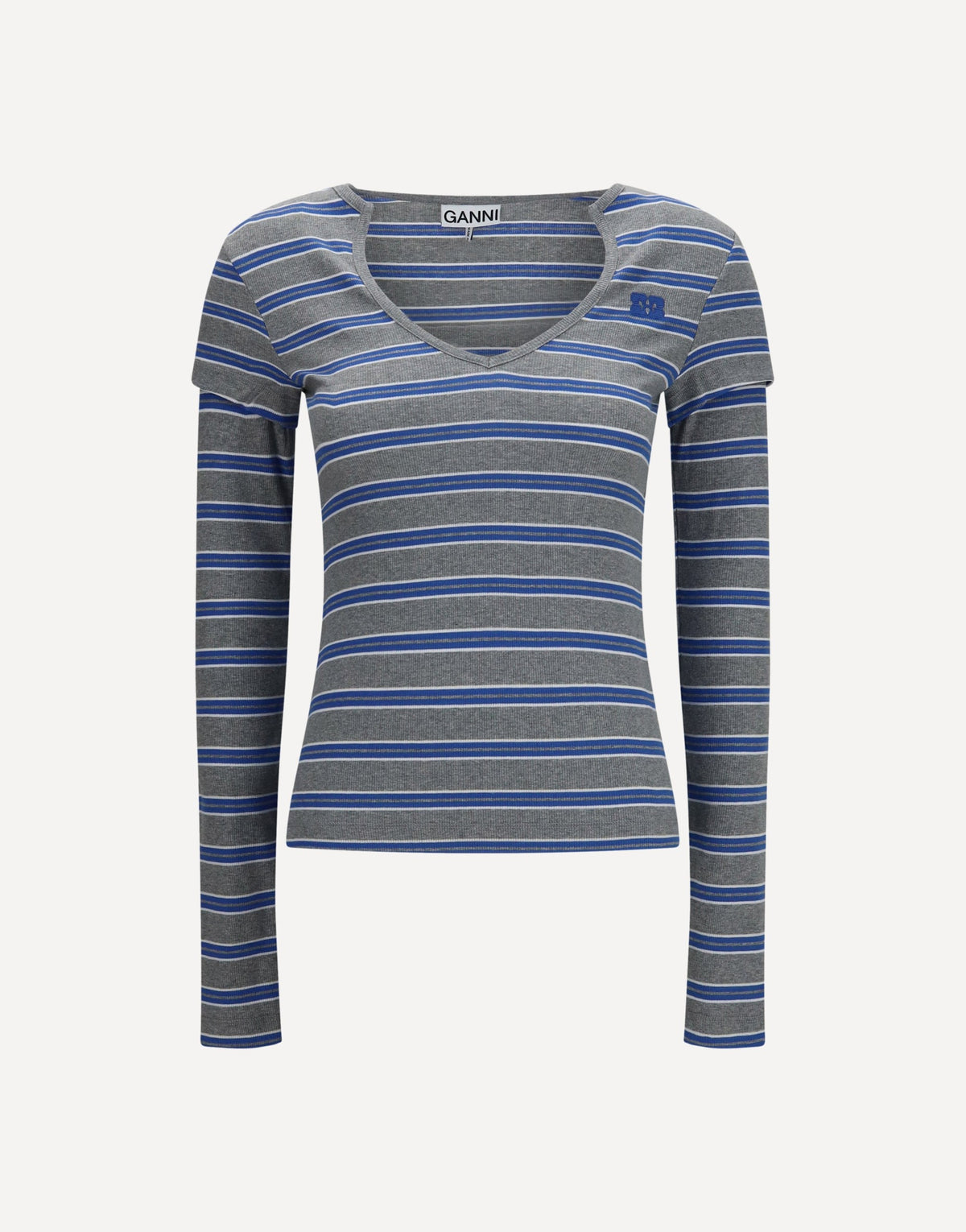 Ganni Ribbed V-Neck Long-Sleeve T-Shirt