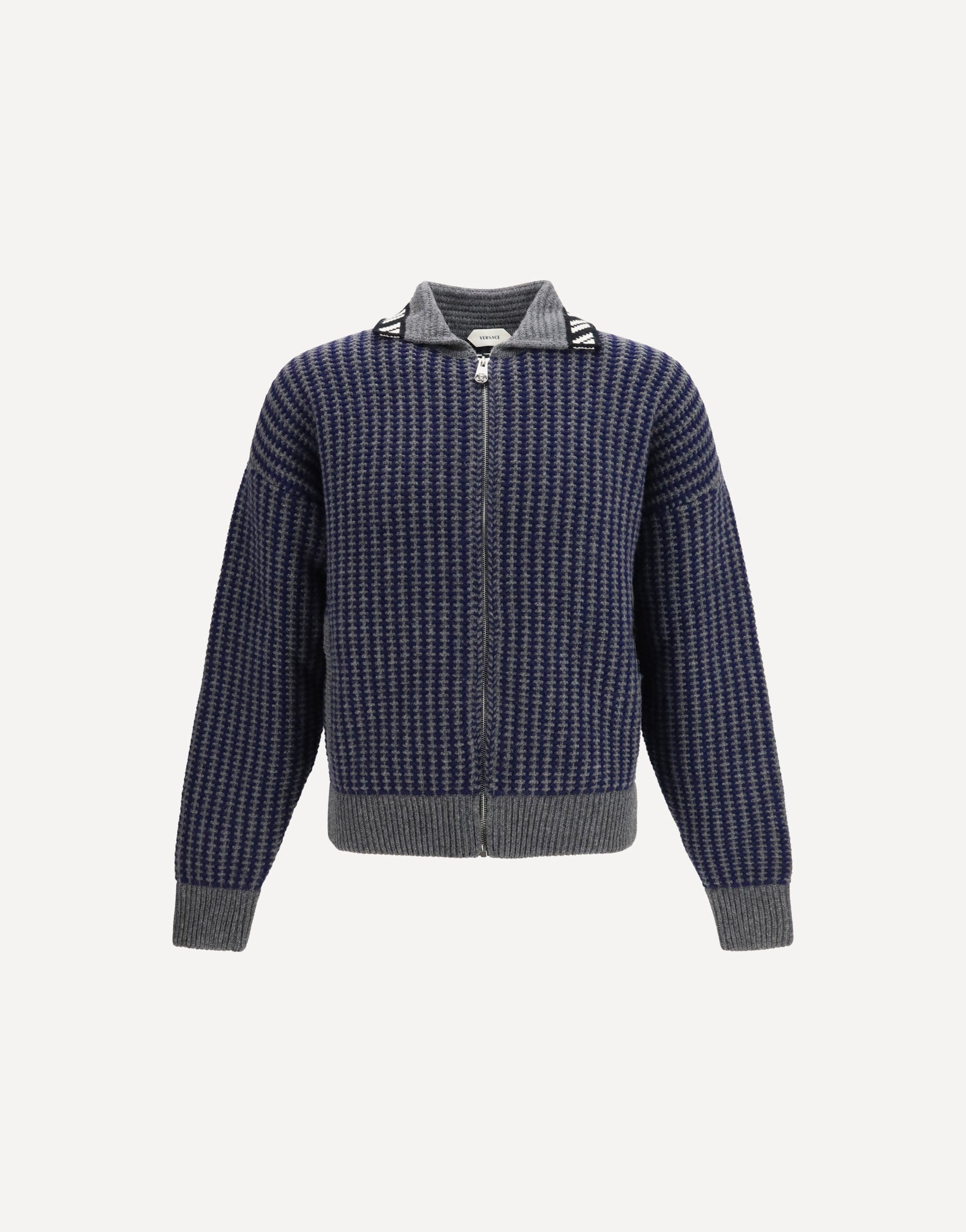 Versace Intarsia Wool Knit Zip Cardigan