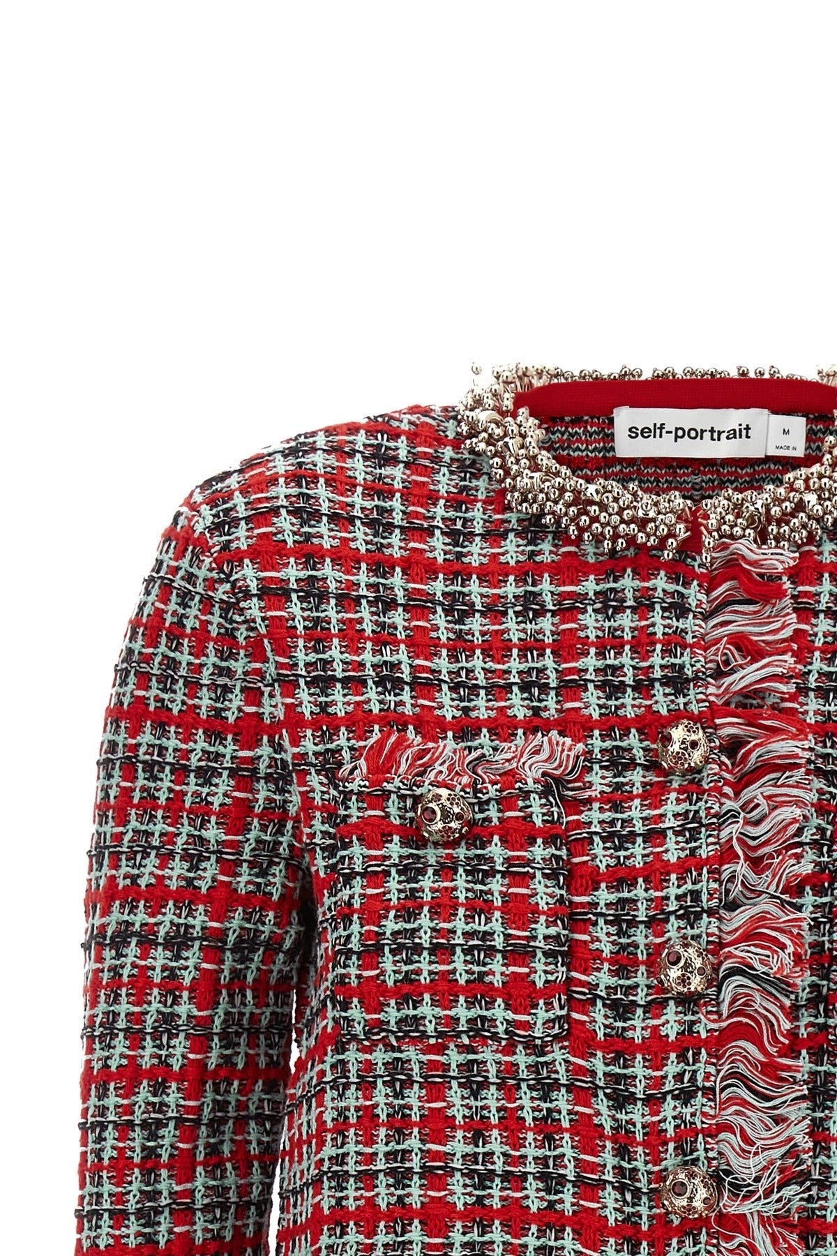 Self-Portrait Fringed Check Knit Jacket