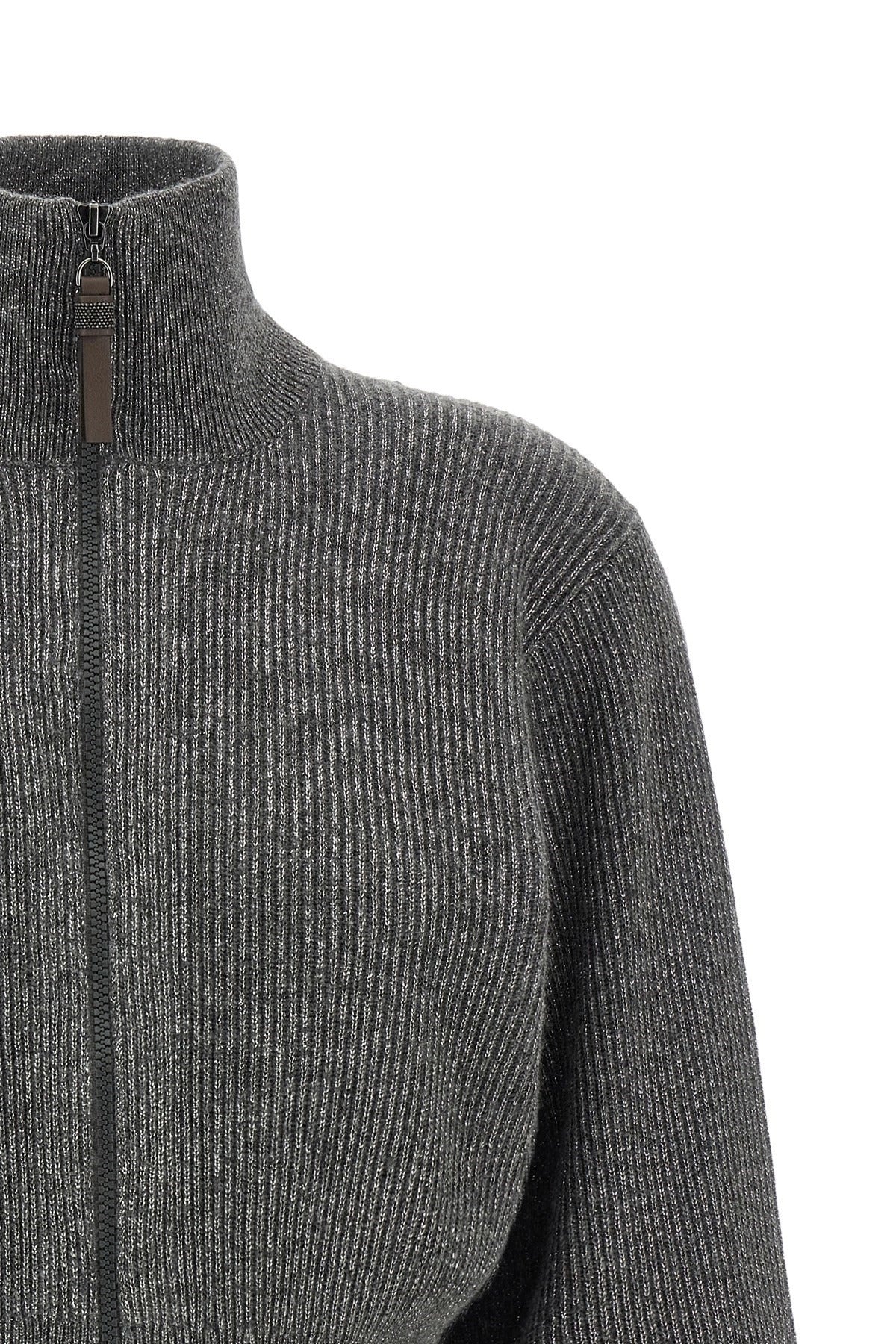Brunello Cucinelli Ribbed Cardigan With Leather Detail
