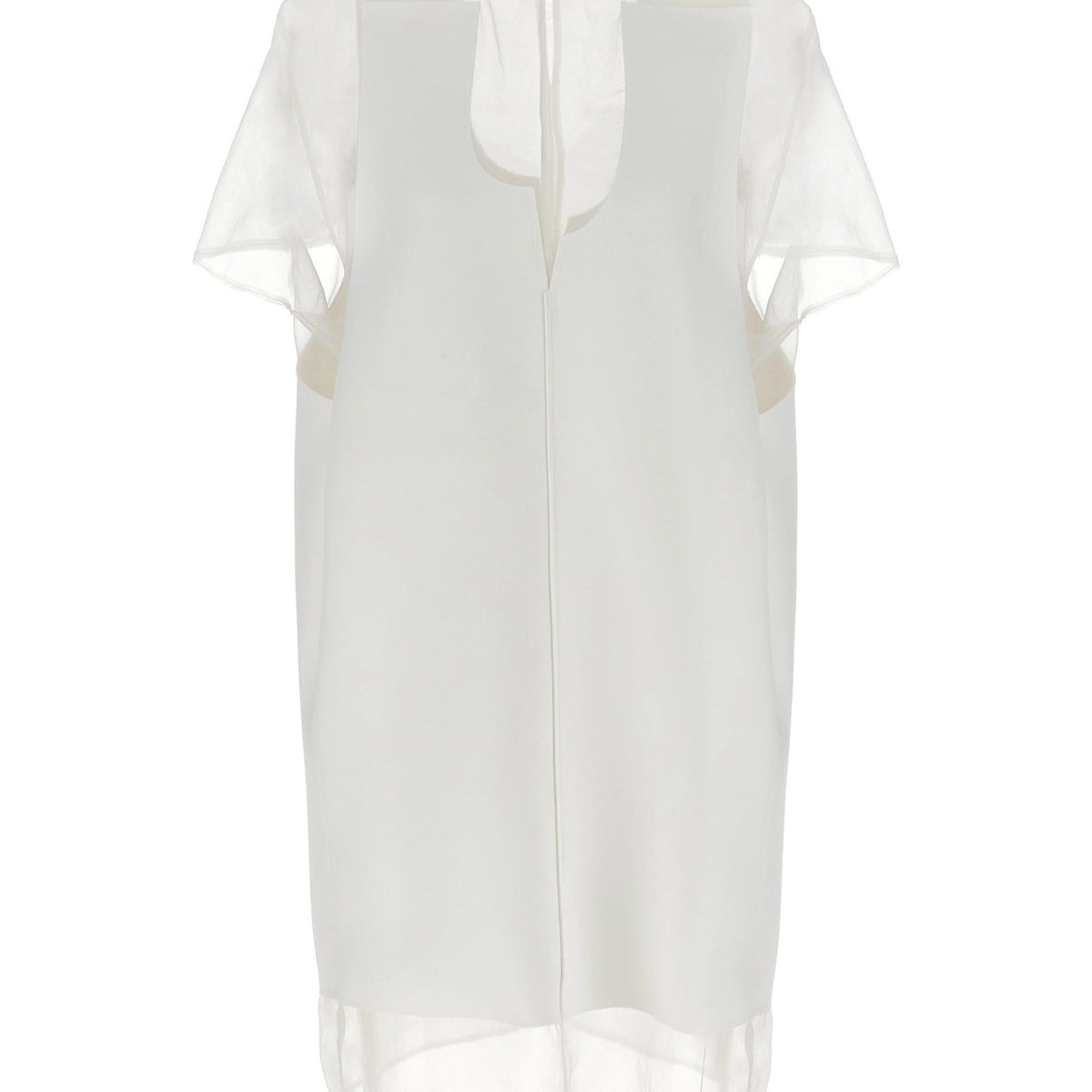 khaite sheer dress Khaite Evi Semi-Sheer Fluted-Sleeve Dress with Slip