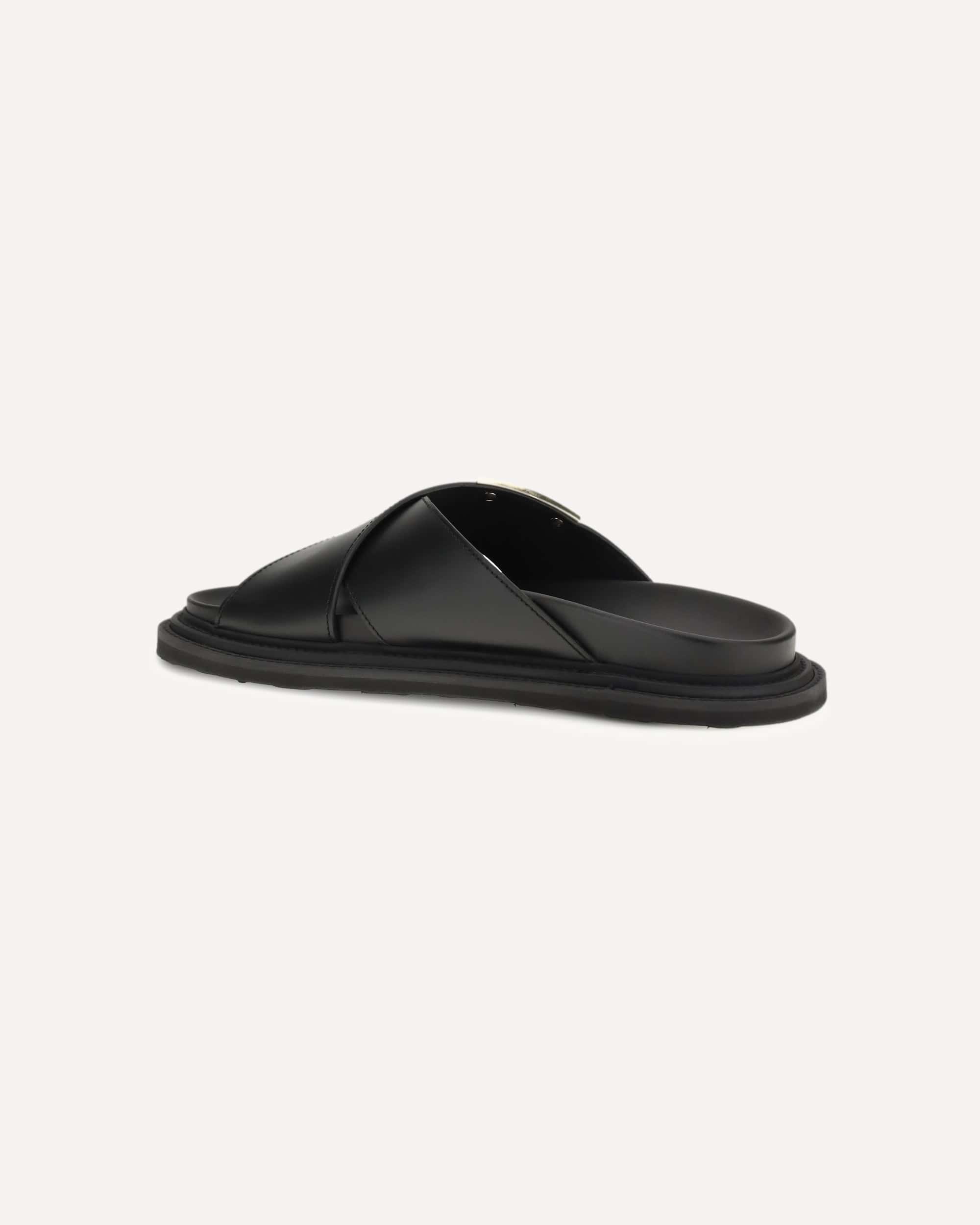 Moschino Leather Cross-Strap Slides Gold Logo