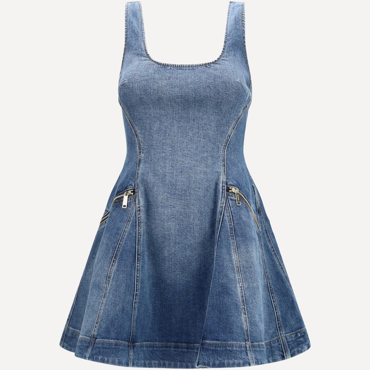 slim fit dress slacks Self-Portrait - Kjoler - Sleeveless Flared Mini Dress - Denim main image 0