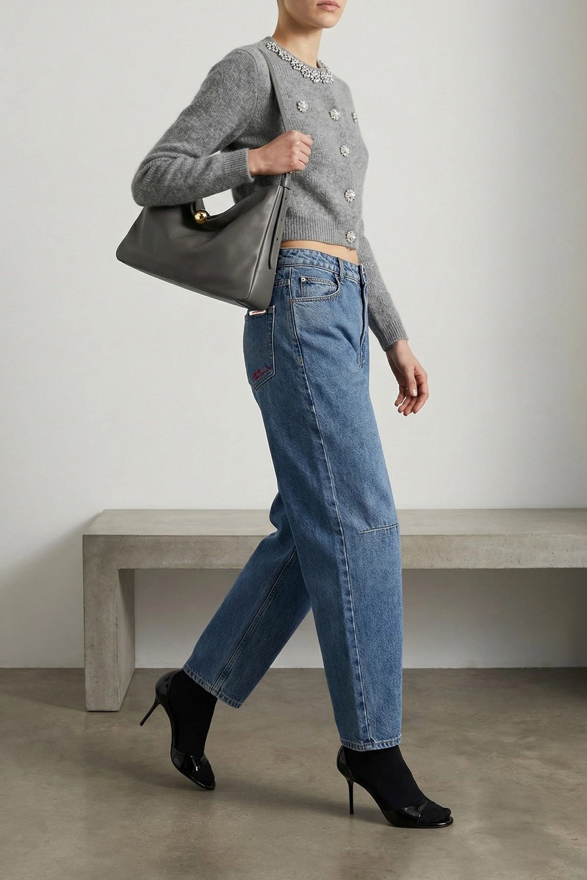 Self-Portrait Self-Portrait Grey Fluffy Crystal Trim Cardigan