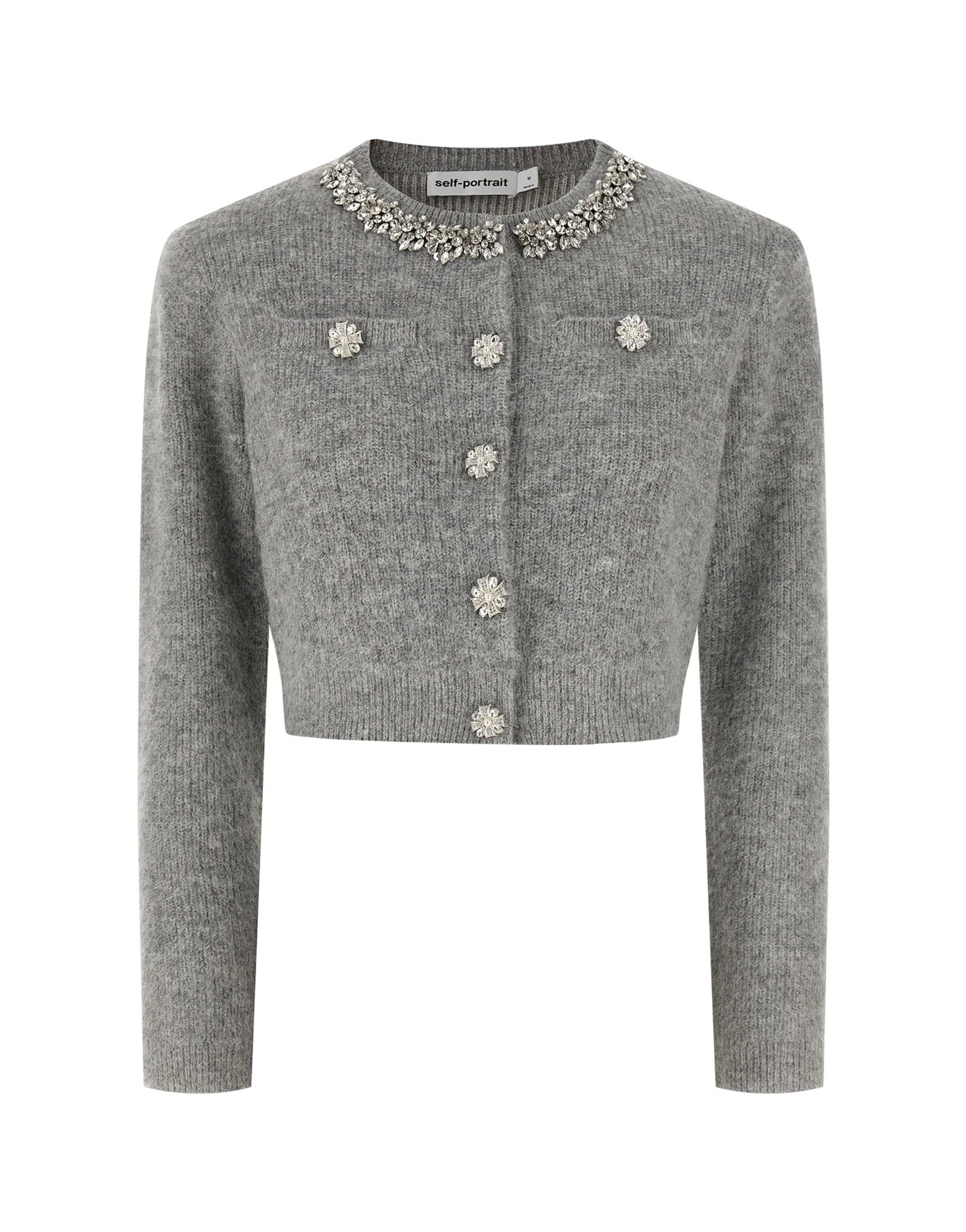 Self-Portrait Grey Fluffy Crystal Trim Cardigan