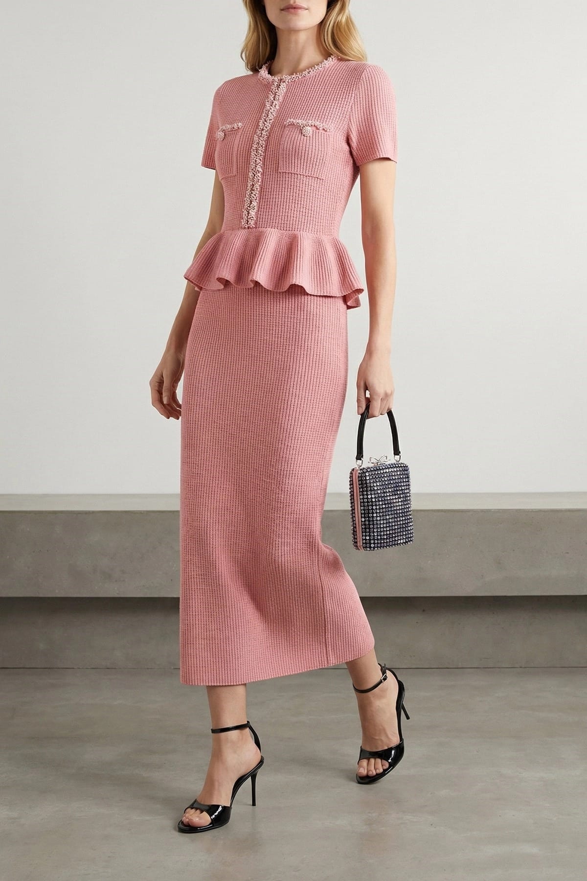 Self-Portrait Self-Portrait Pink Peplum Knit Midi Dress