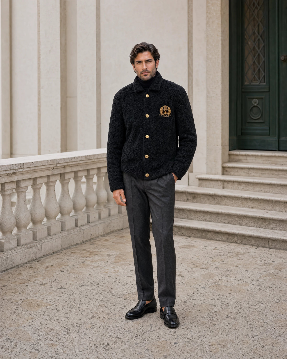 Man wearing a black embroidered cardigan and tailored trousers on a stone gallery landing