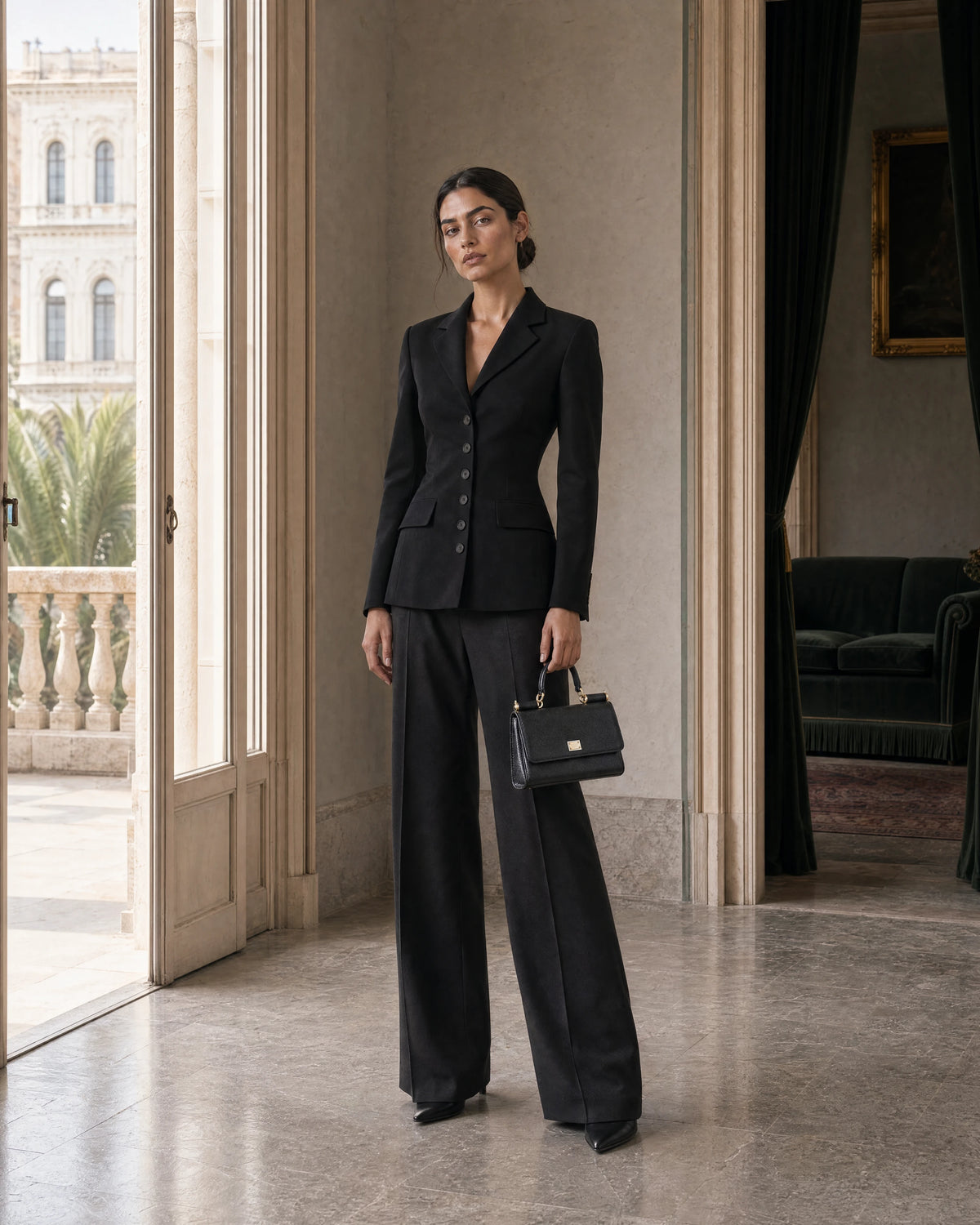 Woman in black tailoring holding a small black top-handle bag in a palazzo loggia