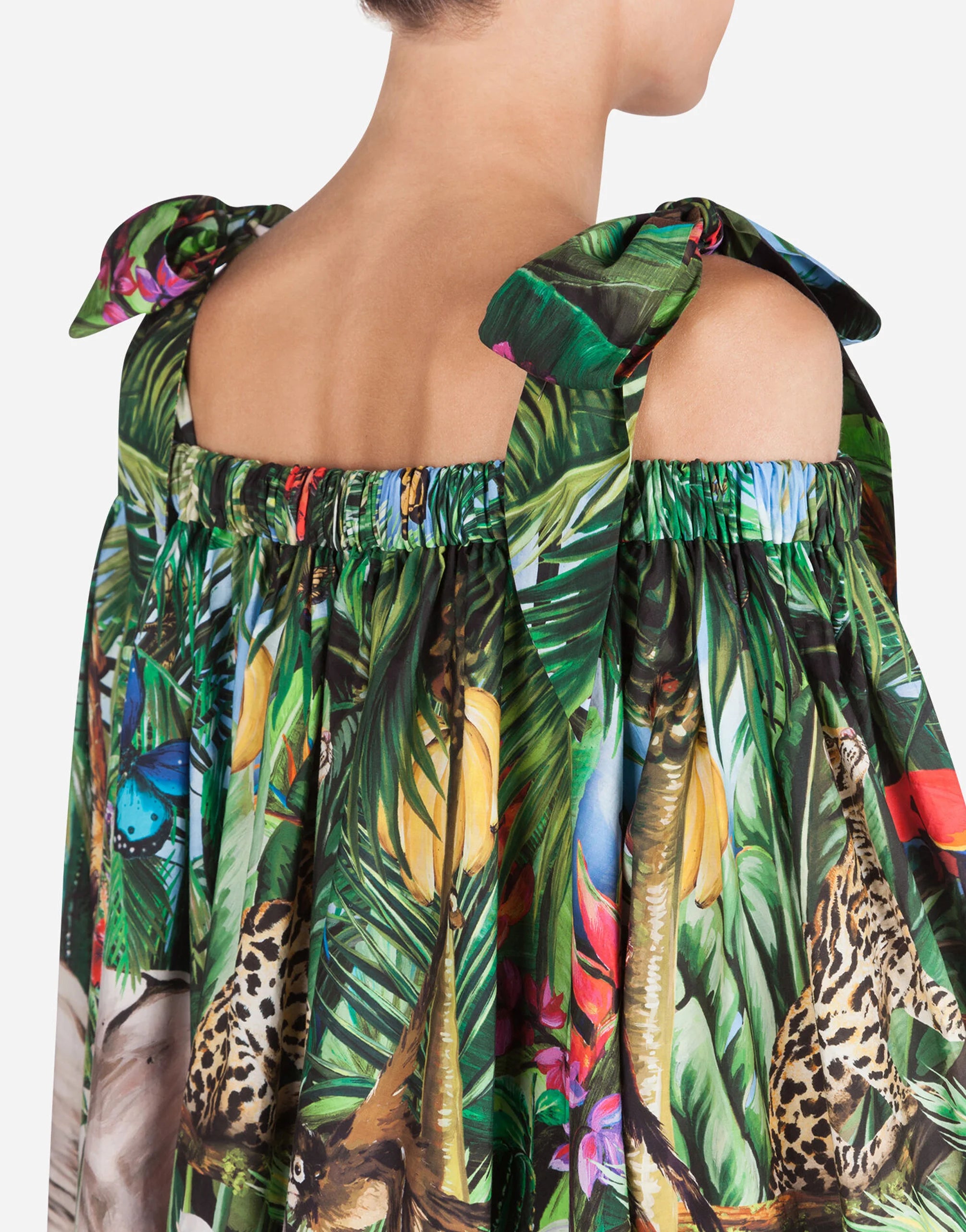 Short Poplin Dress With Braces And Jungle Print