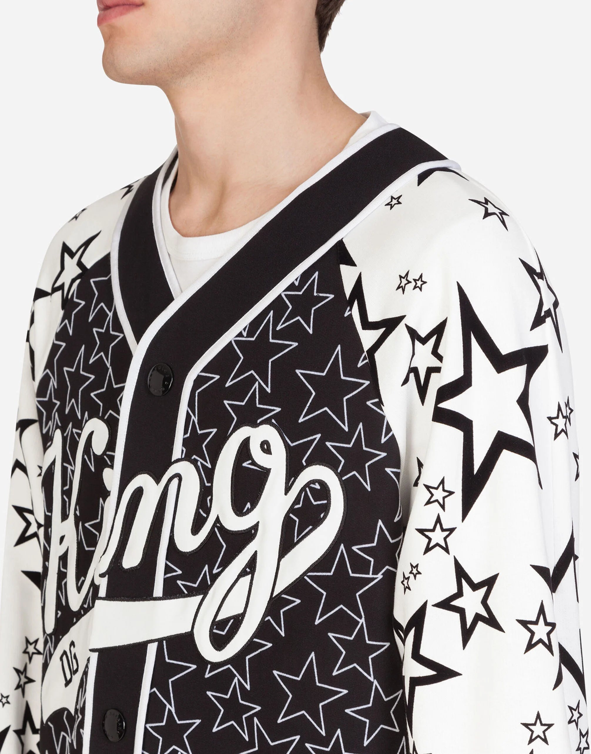 Jersey Button-Up Sweater With Flocked Star Print