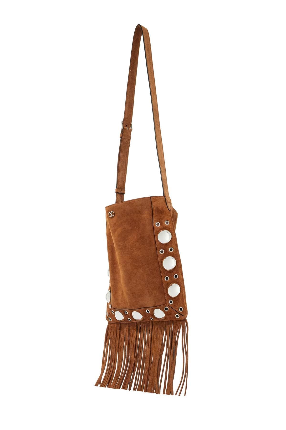 Valentino Garavani Valentino Garavani brown copper suede crossbody bag with studs and fringe