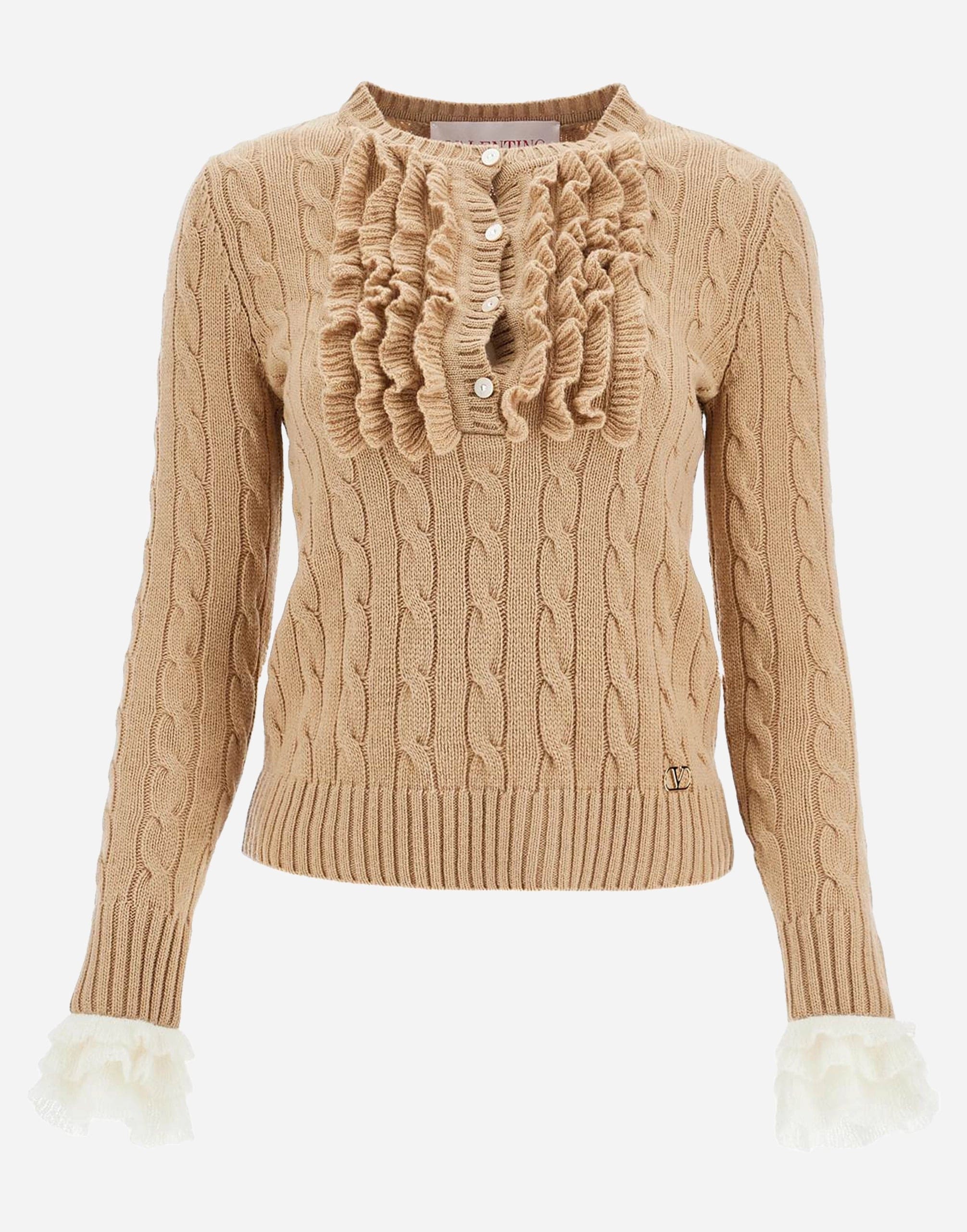 Valentino Garavani Ruffled Cable-Knit Virgin Wool Sweater