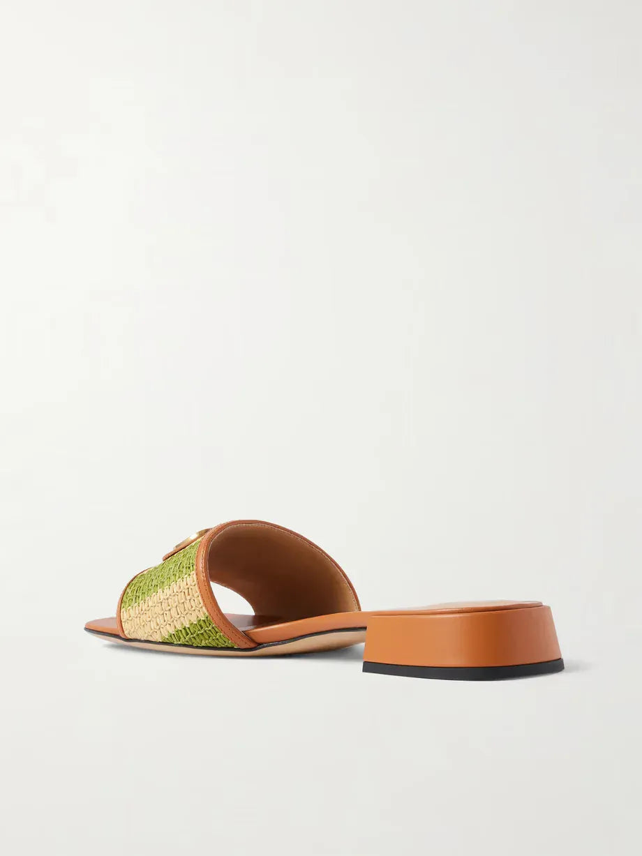 Valentino Garavani VLogo Leather-Trimmed Raffia Slides