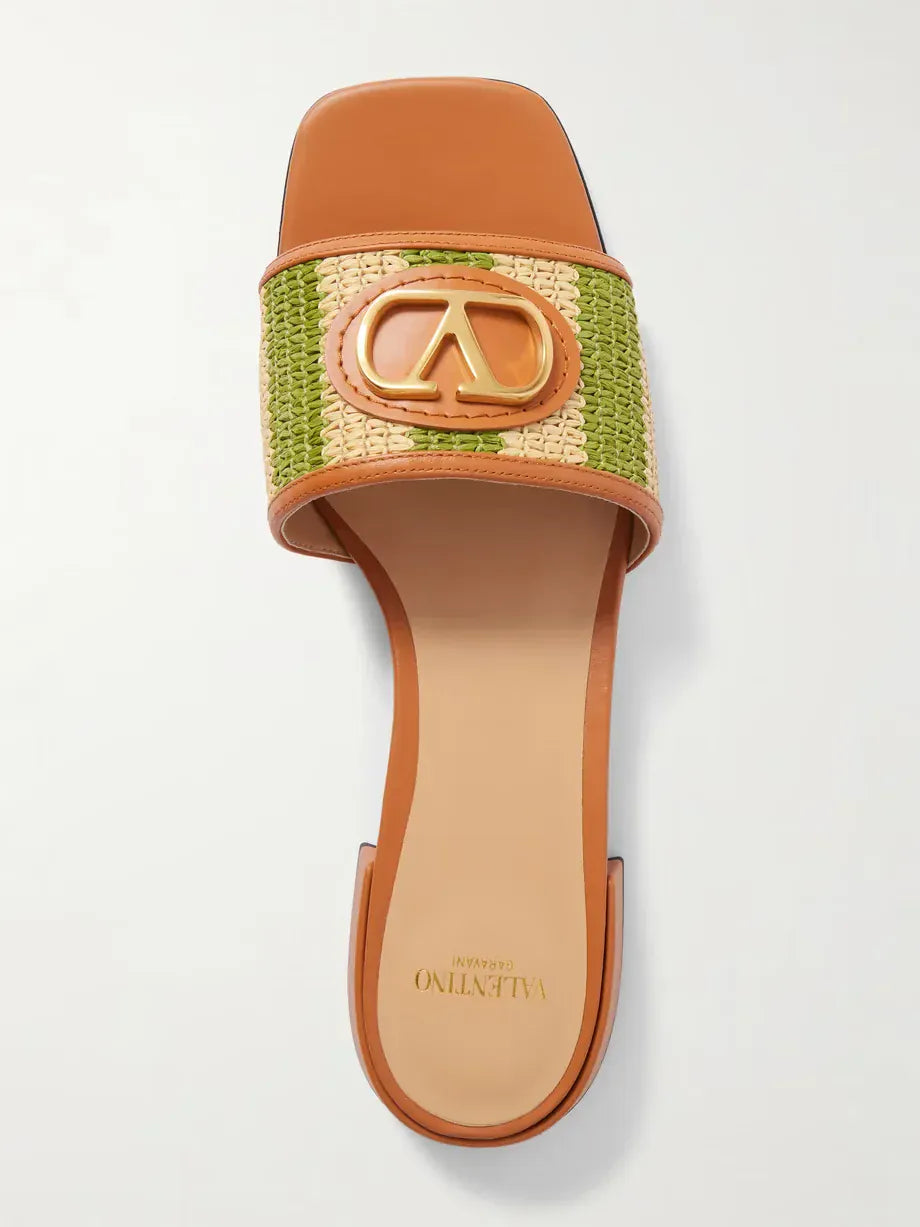 Valentino Garavani VLogo Leather-Trimmed Raffia Slides