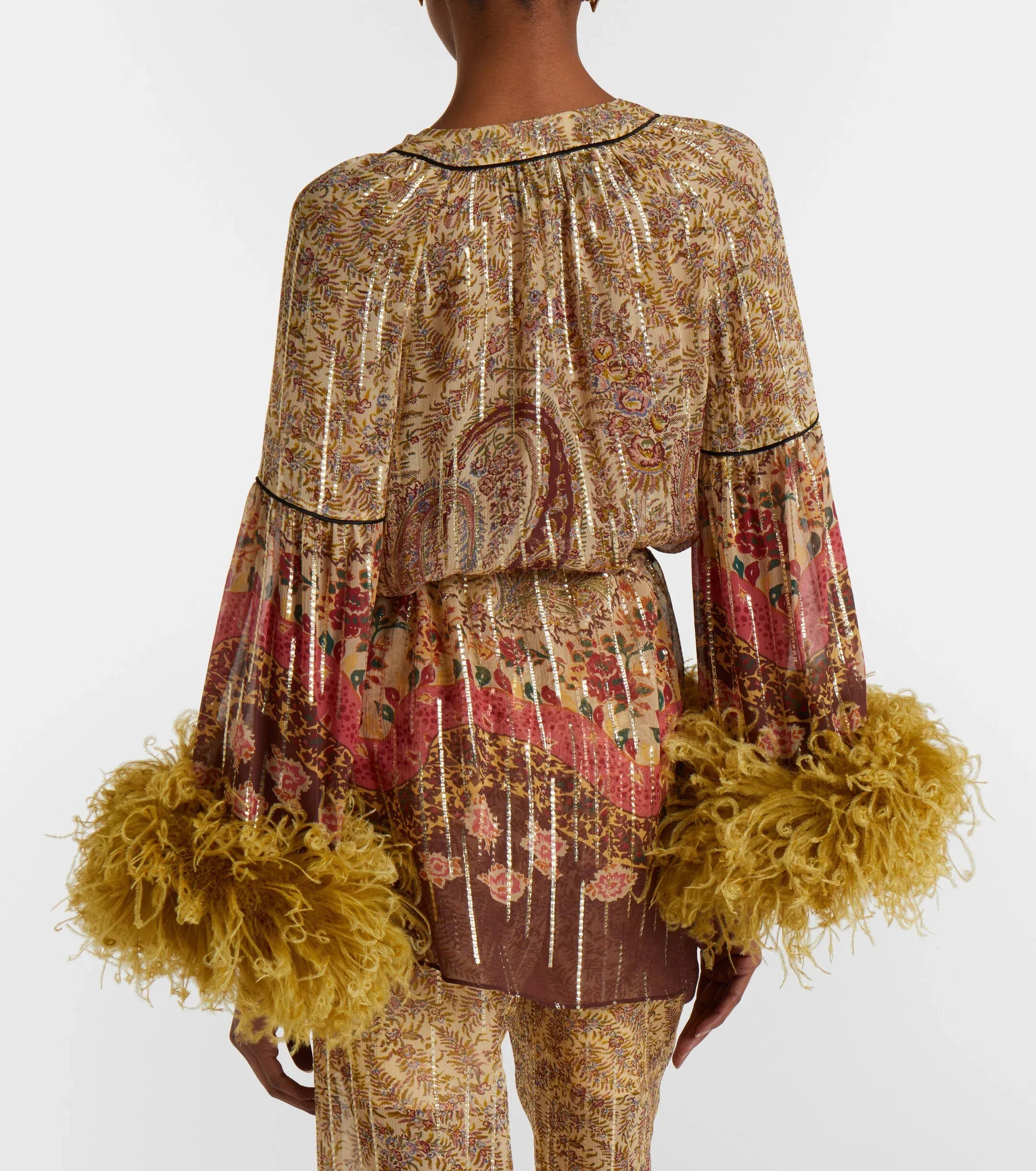 Valentino Paisley Feather-Trimmed Silk-Blend Blouse