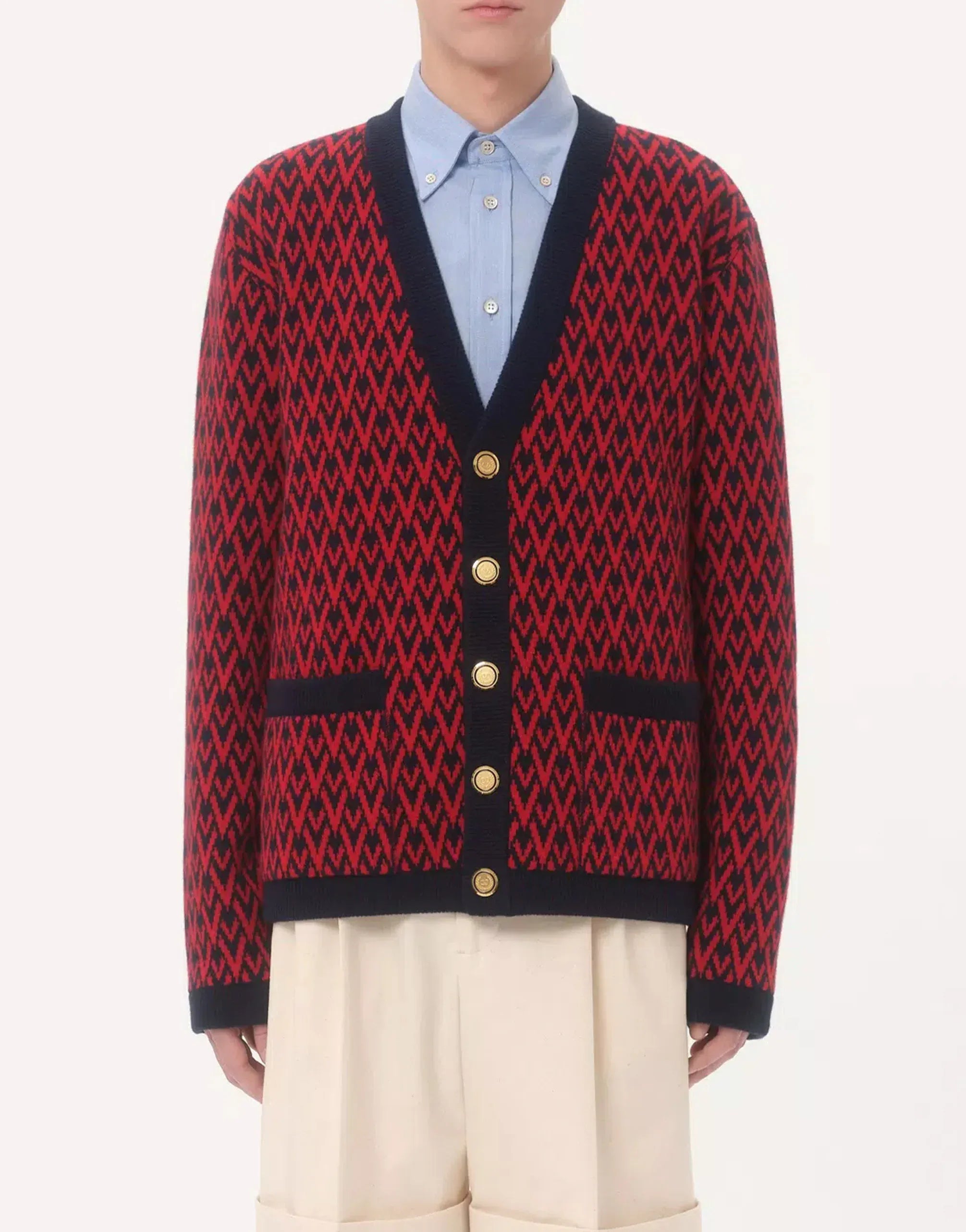 Valentino Toute La V Virgin Wool Jacquard Cardigan