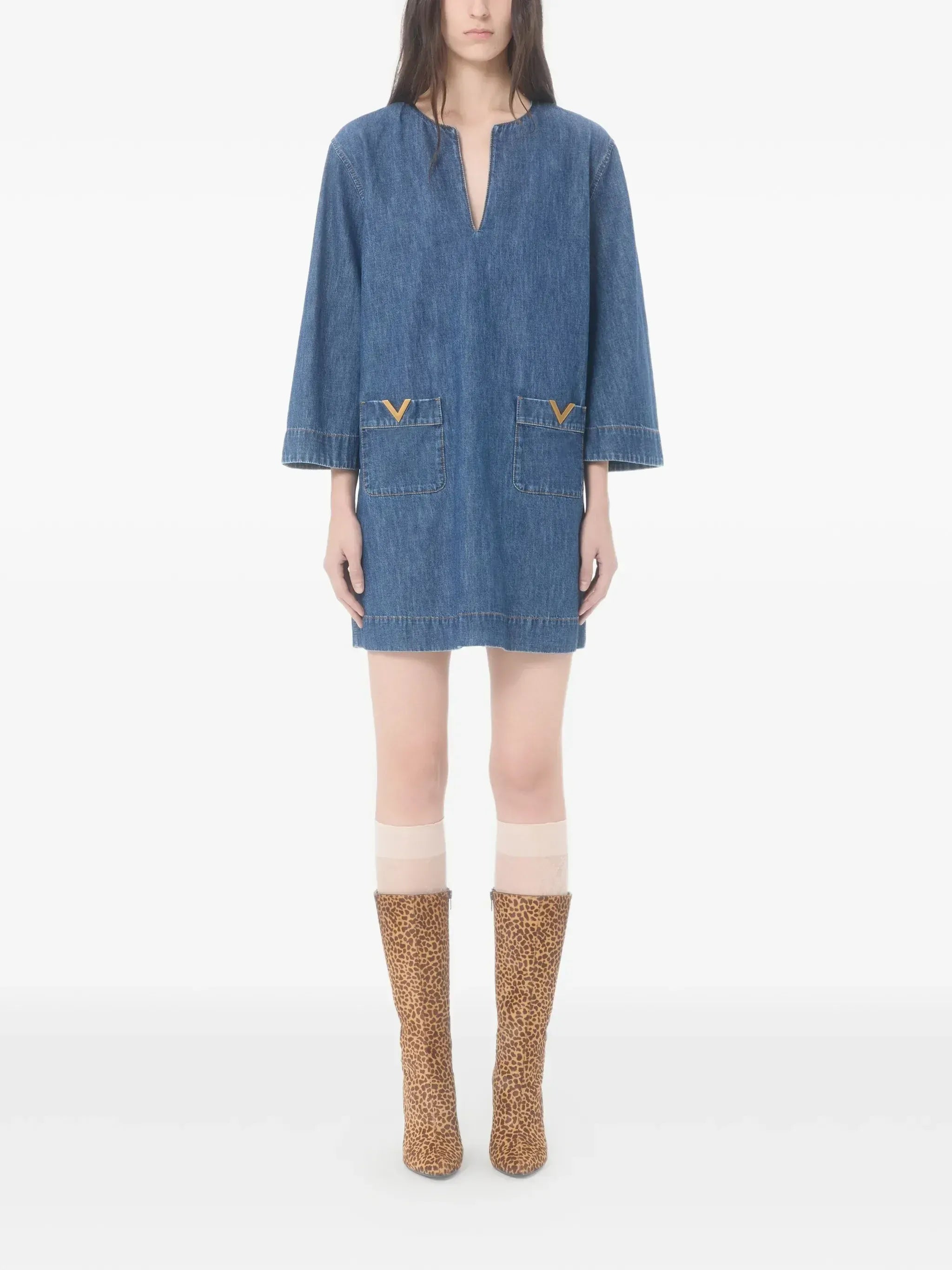 Valentino VLogo Embellished Denim Mini Dress