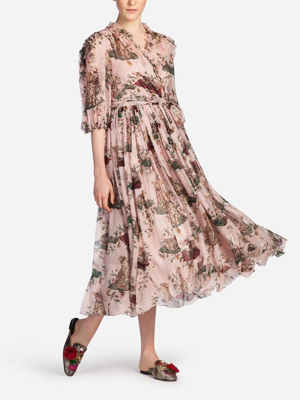Dolce & Gabbana Cat & Floral Chiffon Wrap Dress