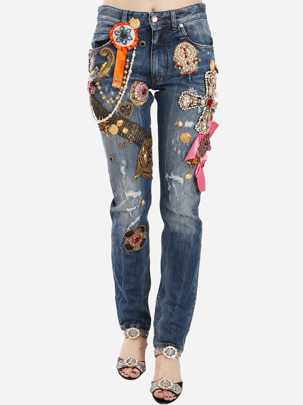Dolce & Gabbana Crystal Embellished Appliqué Skinny Jeans