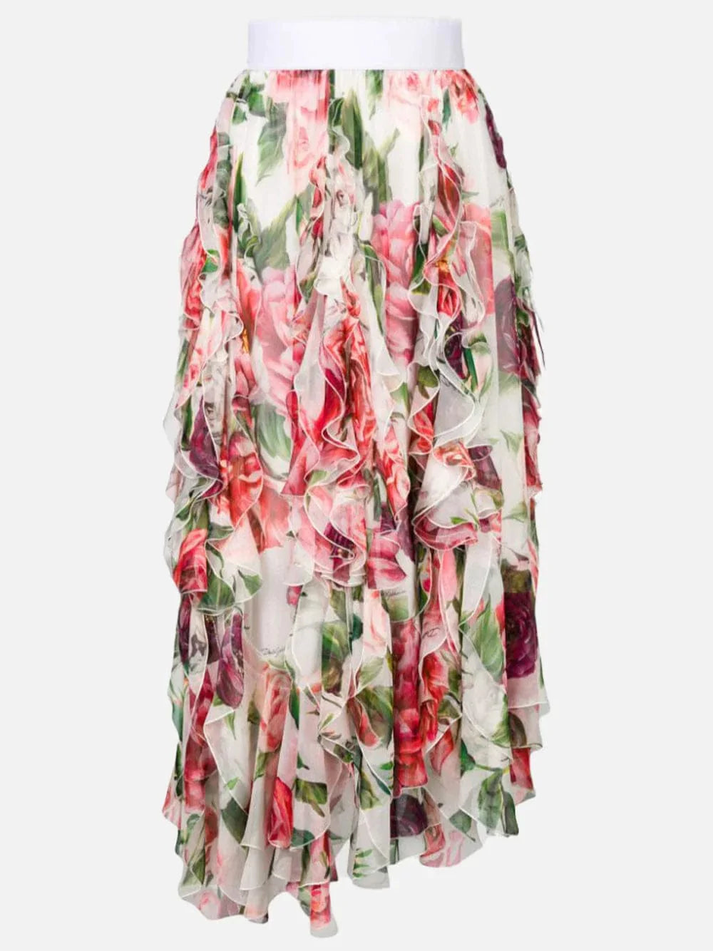 Dolce & Gabbana High Waisted Peony Print Ruffle Silk Blend Skirt