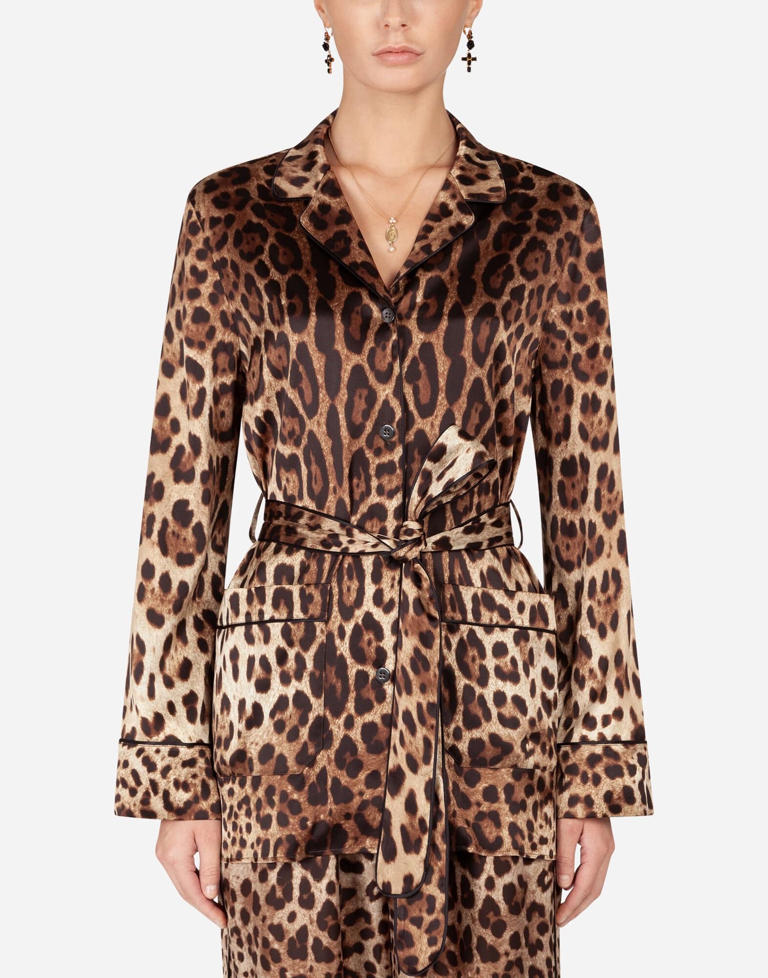 Dolce & Gabbana Leopard-Print With Belt Satin Pyjama Shirt