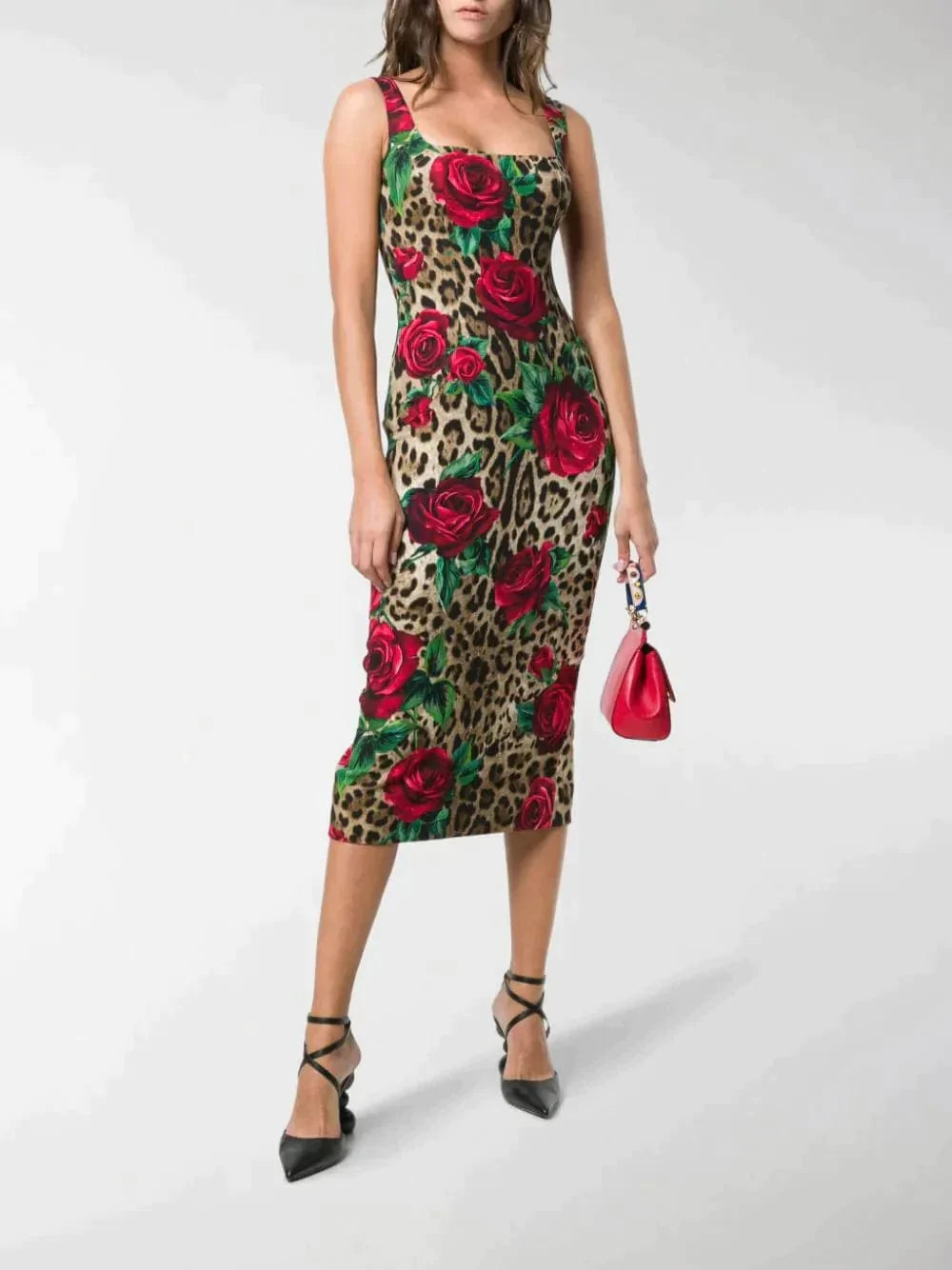 Dolce & Gabbana Leopard Rose Print Bodycon Midi Dress