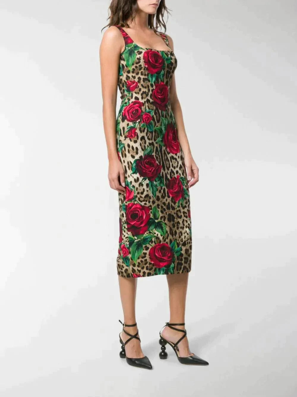 Dolce & Gabbana Leopard Rose Print Bodycon Midi Dress