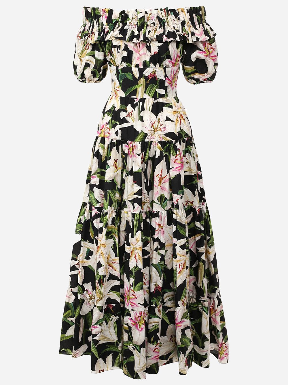 Dolce & Gabbana Lily-Print Poplin Off-The-Shoulder Dress